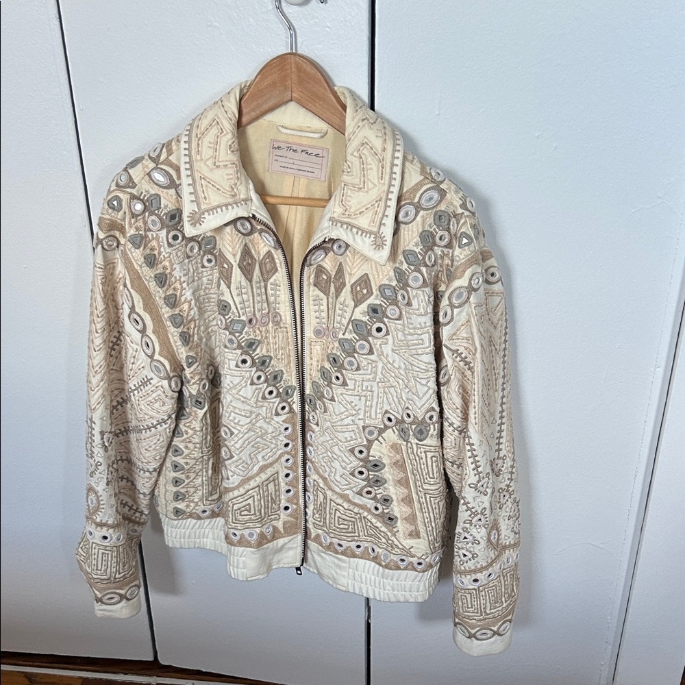 We The Free Cream and Brown Bomber Jacket